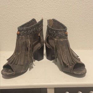 Roper Fringe Open-Toe Heeled Boots - Brown